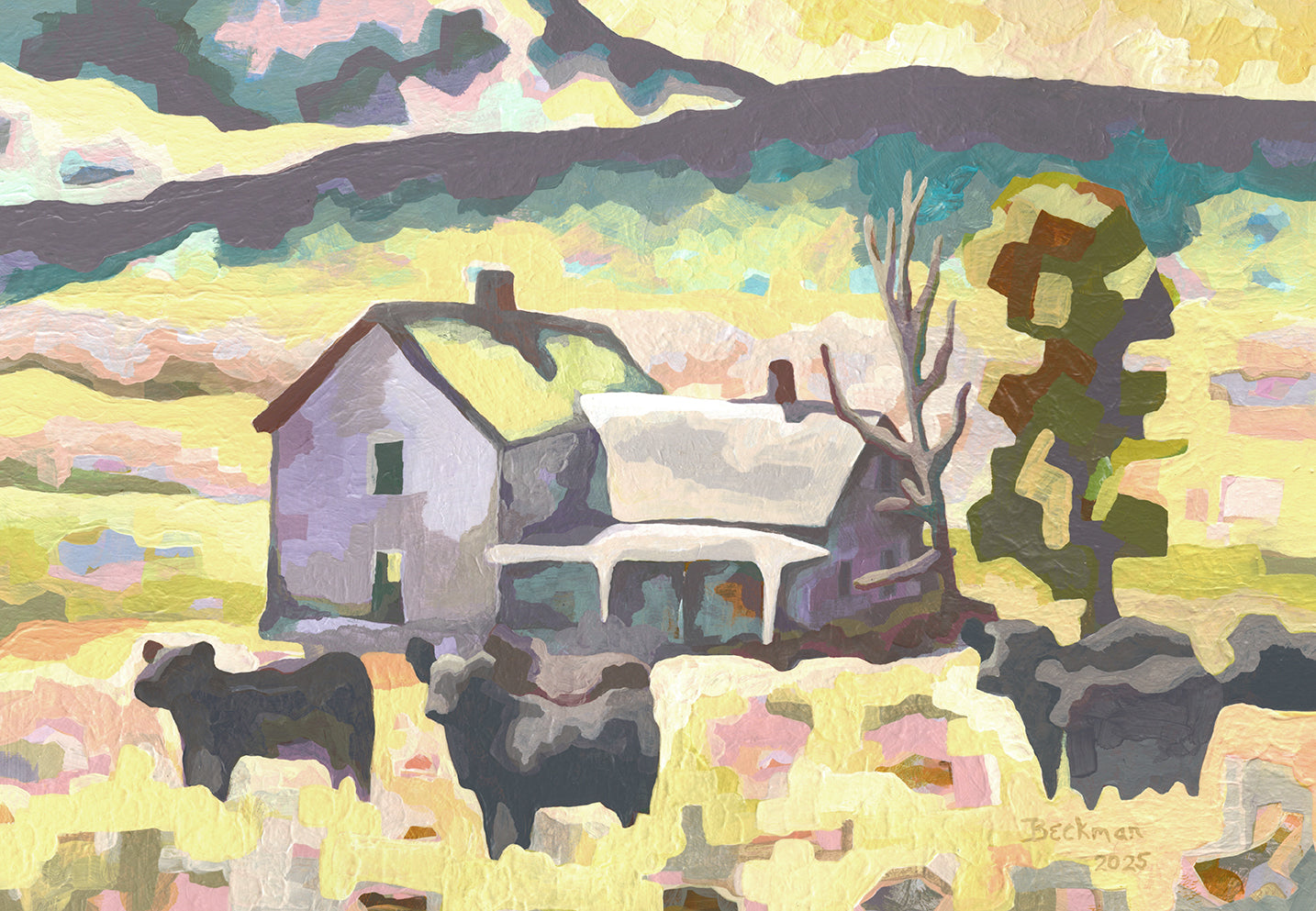 Acrylic painting of black cows grazing in a golden field in front of a weathered farmhouse, set against colorful mountains with fractured light creating vibrant yellows, purples, and greens throughout the pastoral scene.