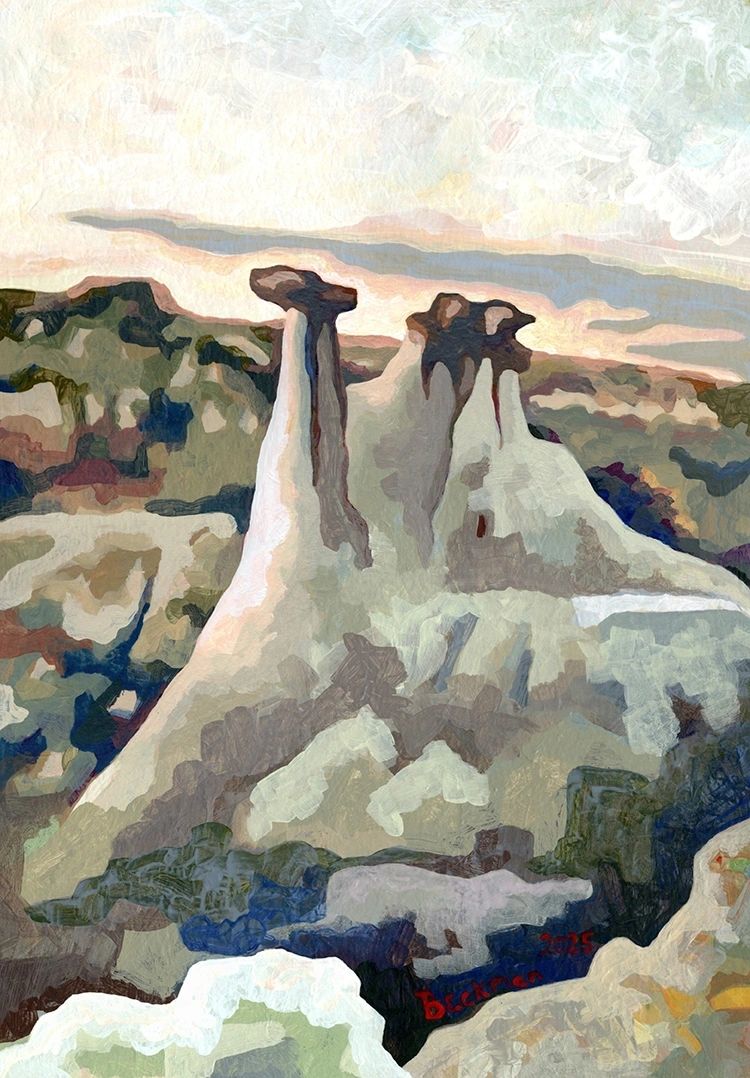 Badland hoodoos with sunset behind them.