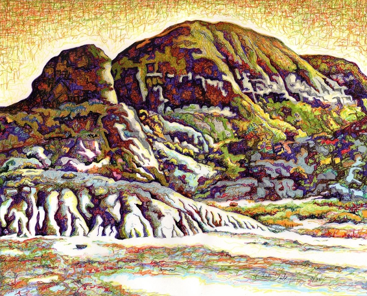 Bright ink drawing of Badland hills.