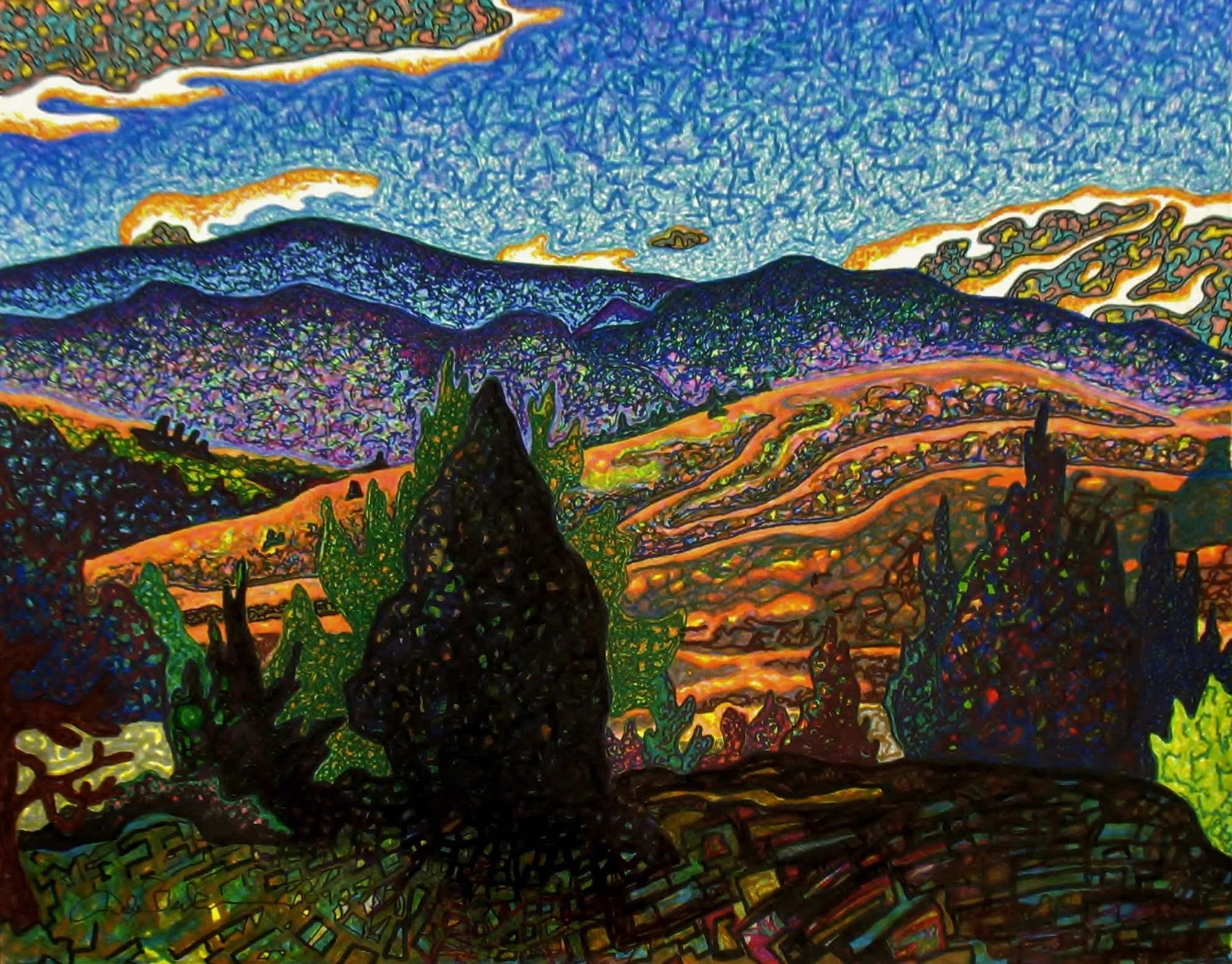 Colorful landscape painting with mountains and trees