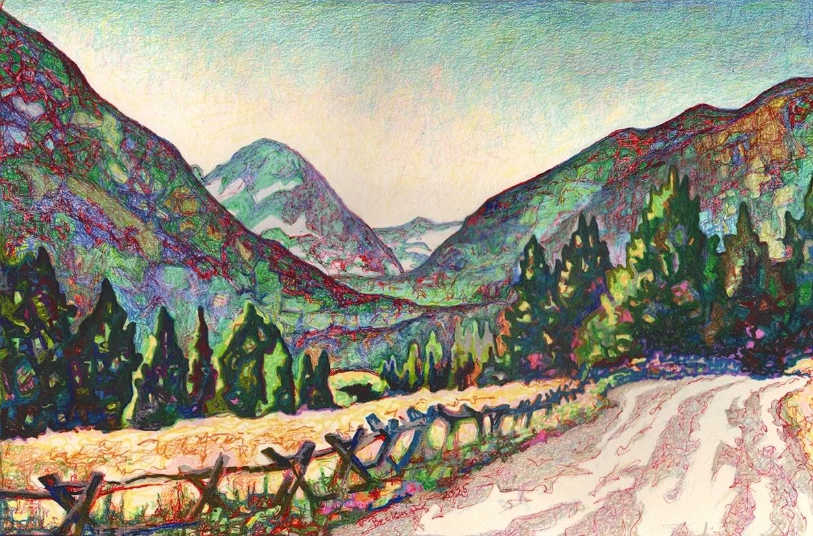 Colorful landscape painting of a mountainous area with a dirt road and wooden fence.